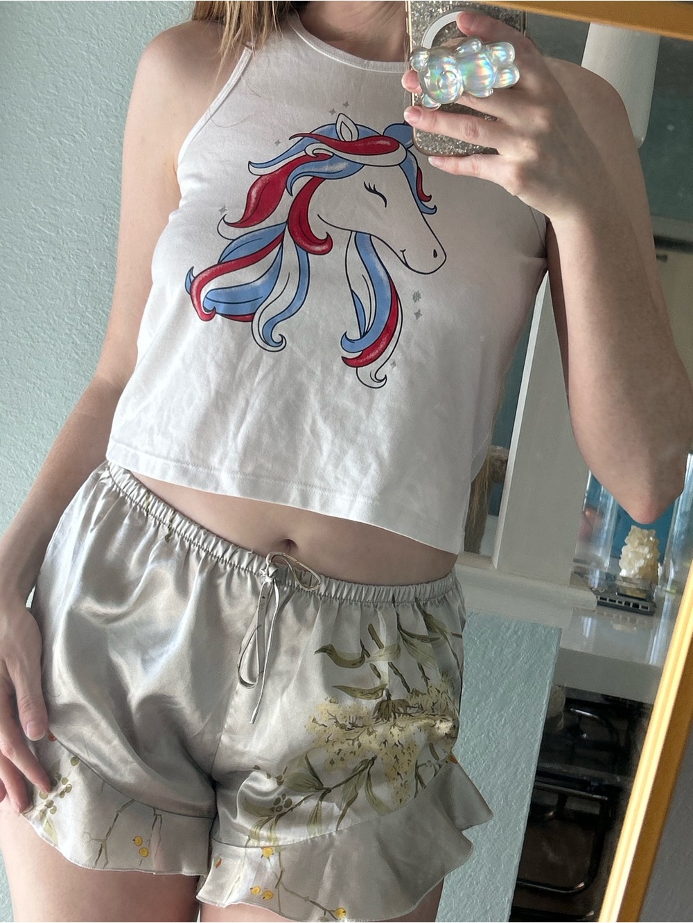 White Unicorn Graphic Halter Crop Top - Women